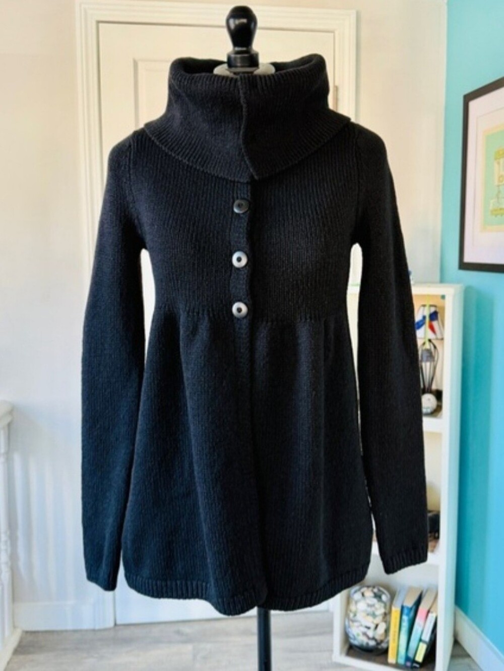 Vince Black Funnel Neck Button-Front Women’s Sweater, XS